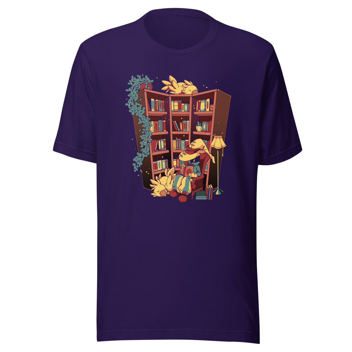A cozy fantasy library depicts a mysterious reader in a wide-brimmed hat, surrounded by books, the light of a lamp, hanging plants, and small bird-like creatures. The illustration conveys tranquil reading, comfort, and magical escapism.