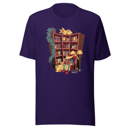 A cozy fantasy library depicts a mysterious reader in a wide-brimmed hat, surrounded by books, the light of a lamp, hanging plants, and small bird-like creatures. The illustration conveys tranquil reading, comfort, and magical escapism.