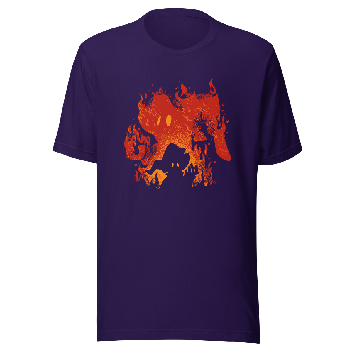 The silhouette of a character wearing a pointed hat emerges against a backdrop of their own shadow engulfed in flames, featuring a weathered texture. A striking design that evokes dark fantasy, magic, and fire.