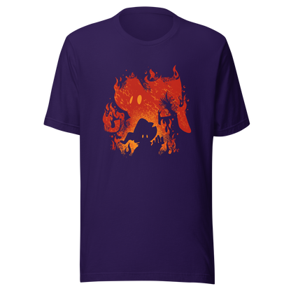 The silhouette of a character wearing a pointed hat emerges against a backdrop of their own shadow engulfed in flames, featuring a weathered texture. A striking design that evokes dark fantasy, magic, and fire.
