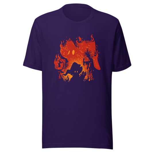 The silhouette of a character wearing a pointed hat emerges against a backdrop of their own shadow engulfed in flames, featuring a weathered texture. A striking design that evokes dark fantasy, magic, and fire.