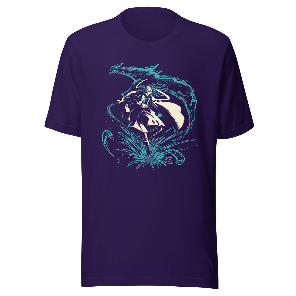 A fantasy warrior in flowing robes strides through a dramatic splash of water, framed by a massive serpentine dragon-like creature. The teal and cream artwork creates a powerful, mystical sense of motion and energy.