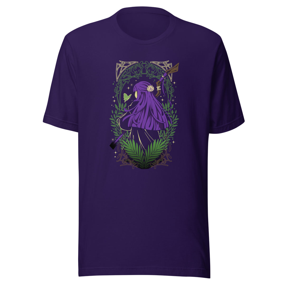 A character with long purple hair and a floral hair ornament stands facing away, holding a wooden staff. Green ferns, leafy branches, a butterfly, and decorative golden patterns surround the figure.