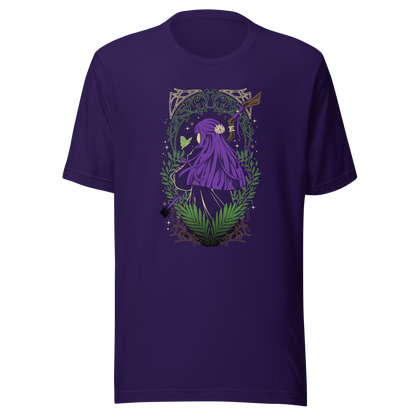 A character with long purple hair and a floral hair ornament stands facing away, holding a wooden staff. Green ferns, leafy branches, a butterfly, and decorative golden patterns surround the figure.