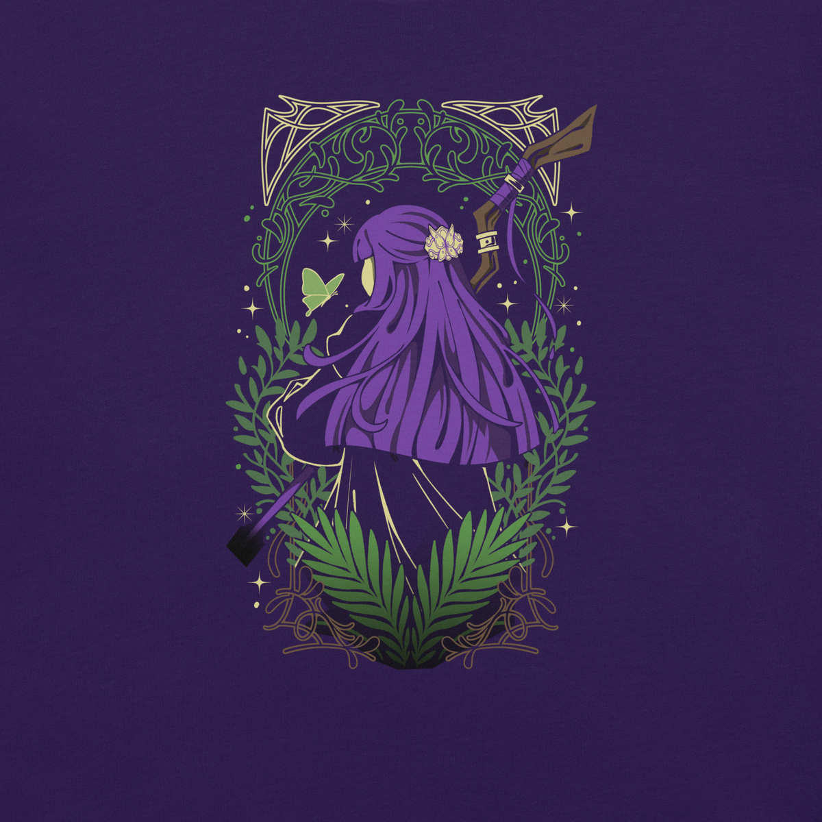 A character with long purple hair and a floral hair ornament stands facing away, holding a wooden staff. Green ferns, leafy branches, a butterfly, and decorative golden patterns surround the figure.