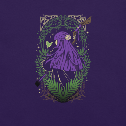 A character with long purple hair and a floral hair ornament stands facing away, holding a wooden staff. Green ferns, leafy branches, a butterfly, and decorative golden patterns surround the figure.