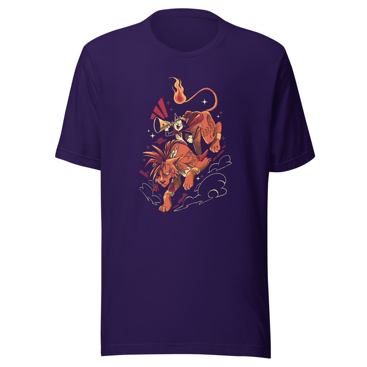A fierce orange beast with spiky hair carries a small horn-blowing character in a red cape. A curling flaming tail, dramatic motion lines, stars, and swirling clouds create a bold fantasy adventure illustration.
