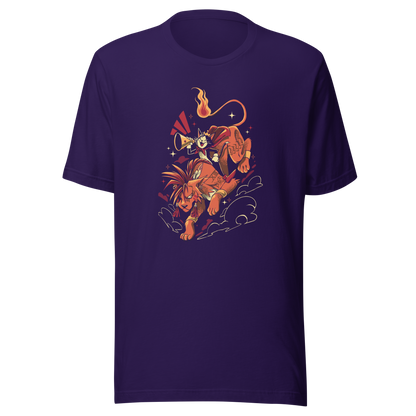 A fierce orange beast with spiky hair carries a small horn-blowing character in a red cape. A curling flaming tail, dramatic motion lines, stars, and swirling clouds create a bold fantasy adventure illustration.
