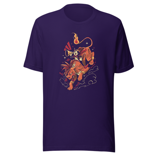 A fierce orange beast with spiky hair carries a small horn-blowing character in a red cape. A curling flaming tail, dramatic motion lines, stars, and swirling clouds create a bold fantasy adventure illustration.