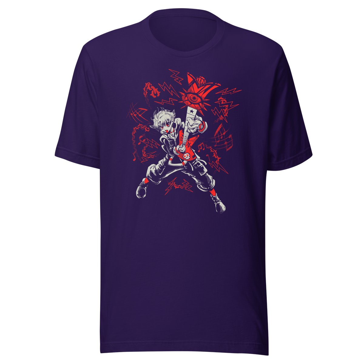 A fierce punk-inspired guitarist plays a red electric guitar in a dynamic pose, surrounded by lightning bolts, musical notes, and bold red-and-white graphics. The high-contrast artwork conveys rebellious energy and intense rock attitude.