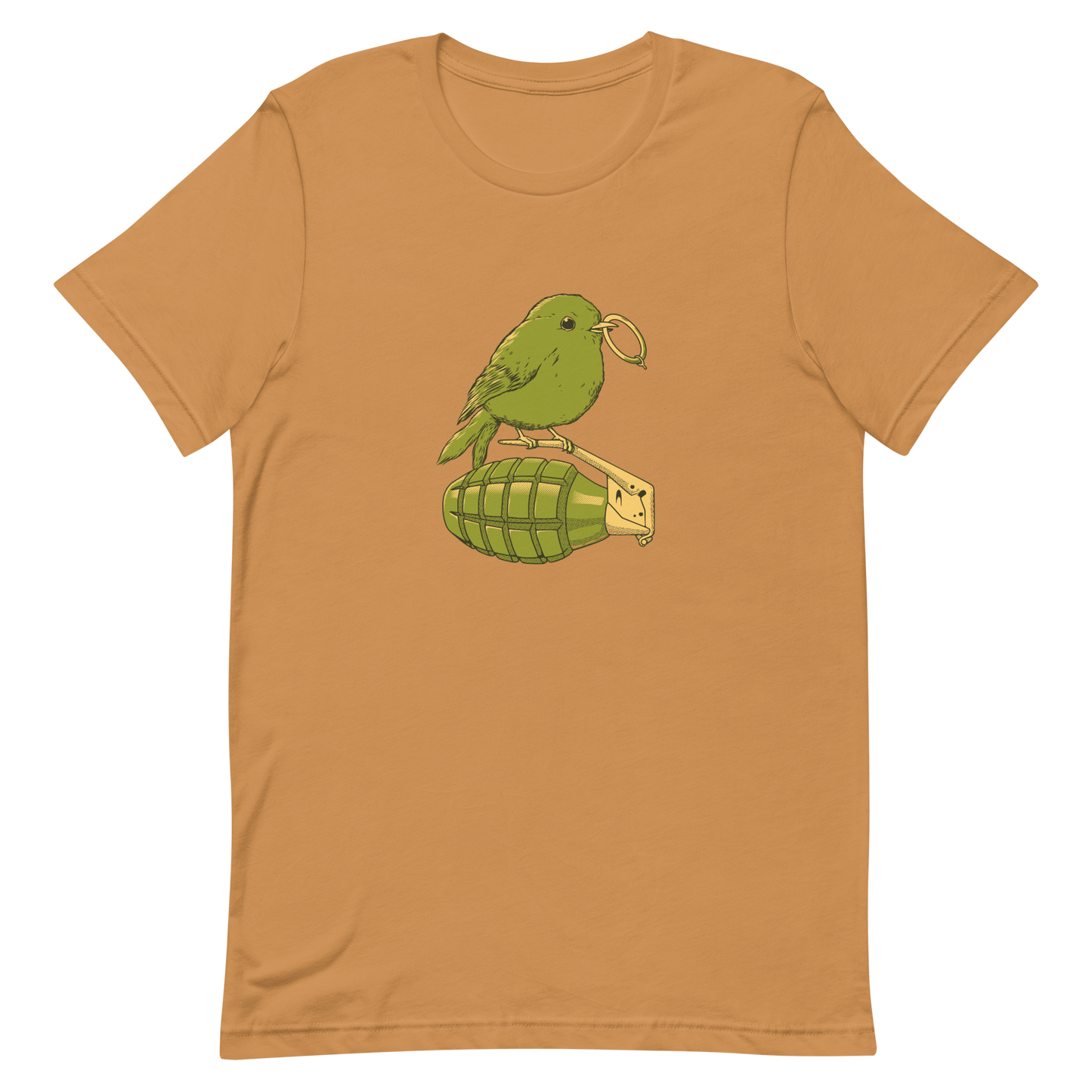 A small, detailed bird with a realistic style perches on top of a hand grenade. The bird holds the pin of the grenade in its beak, giving the image a whimsical yet ironic feel. The color palette consists of shades of green and tan, with a playful blend of nature and military elements. The overall vibe is quirky and thought-provoking, blending humor with a hint of danger.
