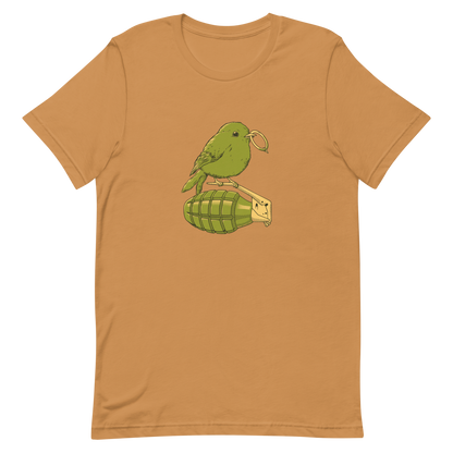 A small, detailed bird with a realistic style perches on top of a hand grenade. The bird holds the pin of the grenade in its beak, giving the image a whimsical yet ironic feel. The color palette consists of shades of green and tan, with a playful blend of nature and military elements. The overall vibe is quirky and thought-provoking, blending humor with a hint of danger.
