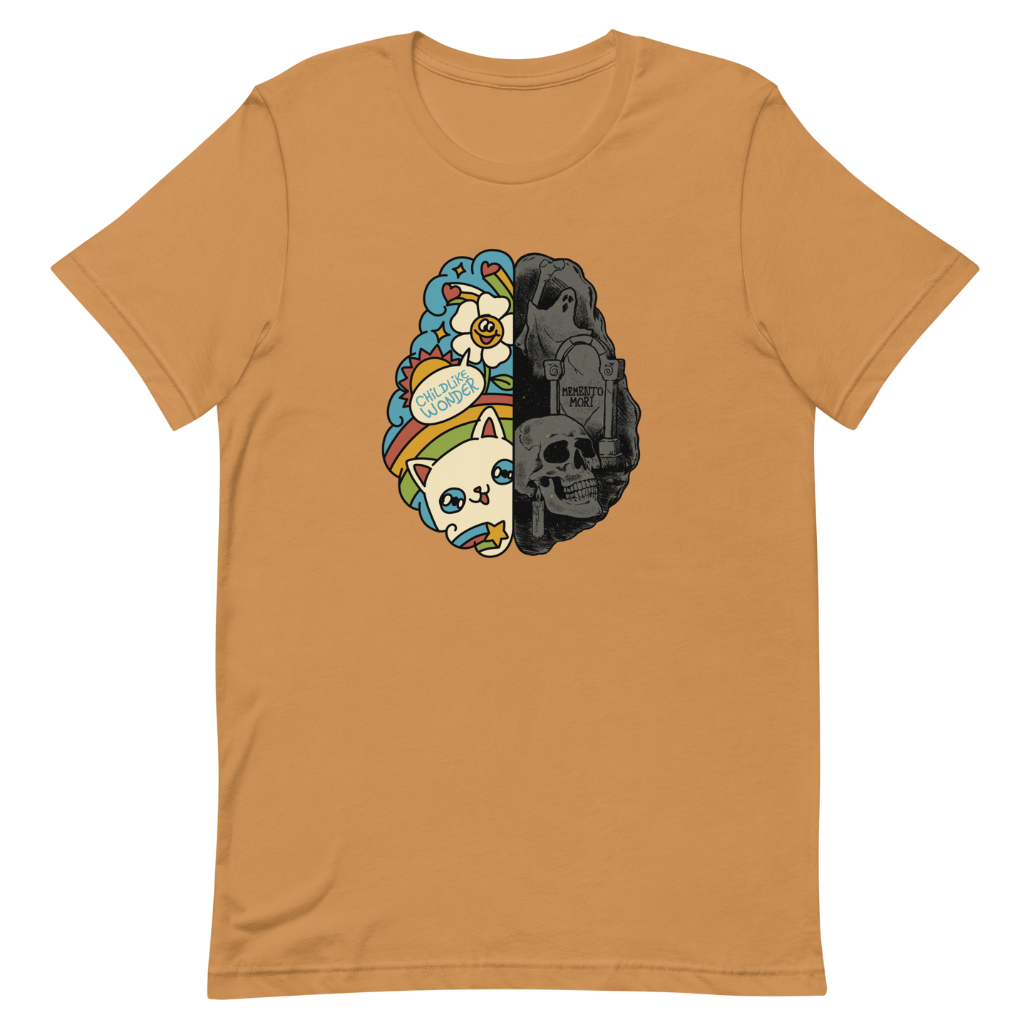 This artwork depicts a split brain, one side cheerful and vibrant with a cute cat, rainbows, and the phrase "Childlike Wonder," the other dark and gothic with skulls and the inscription "Memento Mor". It represents the duality between life and mortality, joy and decay. A perfect choice for fans of art with a macabre yet cute touch, psychological themes, and people who have an inner duality.