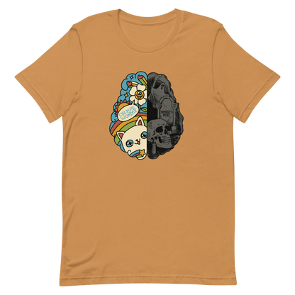 This artwork depicts a split brain, one side cheerful and vibrant with a cute cat, rainbows, and the phrase "Childlike Wonder," the other dark and gothic with skulls and the inscription "Memento Mor". It represents the duality between life and mortality, joy and decay. A perfect choice for fans of art with a macabre yet cute touch, psychological themes, and people who have an inner duality.