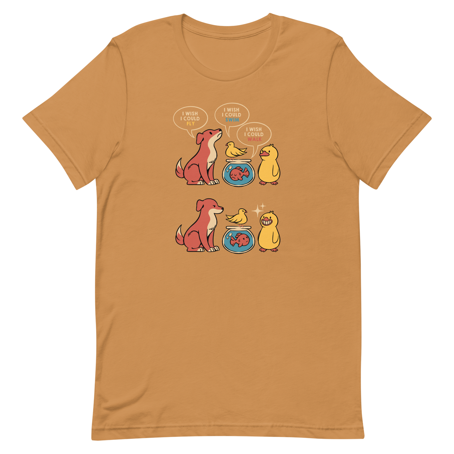 This funny and heartwarming illustration shows a dog, a bird, a fish and a duck each wishing they could do what the others can — fly, swim or walk. In the end, the duck proudly realizes it can do all three, delivering a cute reminder to appreciate your own abilities. A perfect illustration for animal lovers and fans of positive, humorous art.