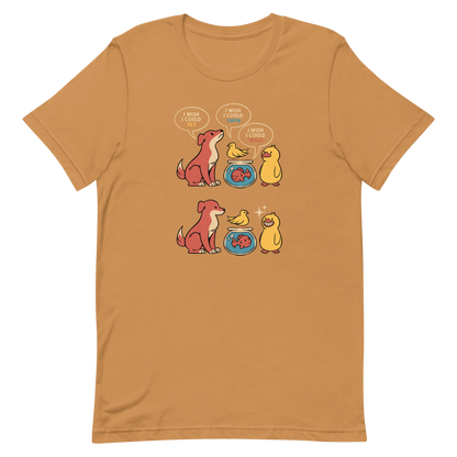 This funny and heartwarming illustration shows a dog, a bird, a fish and a duck each wishing they could do what the others can — fly, swim or walk. In the end, the duck proudly realizes it can do all three, delivering a cute reminder to appreciate your own abilities. A perfect illustration for animal lovers and fans of positive, humorous art.