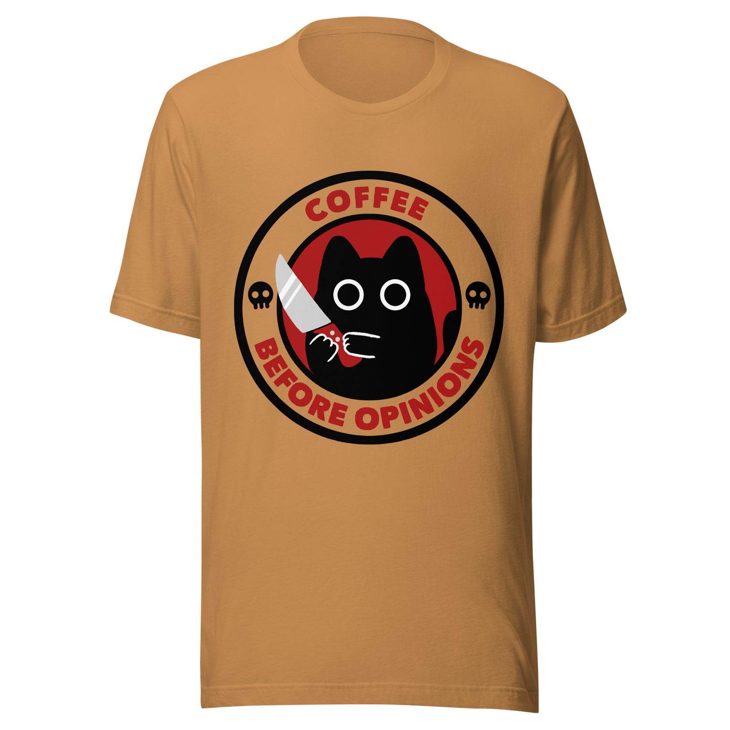 The illustration, in shades of red and black, features a wide-eyed black kitten holding a knife at the centre. Surrounding the cat is the phrase ‘Coffee Before Opinions’. A fun and cheeky gift for those who love cats and can’t function without their coffee.