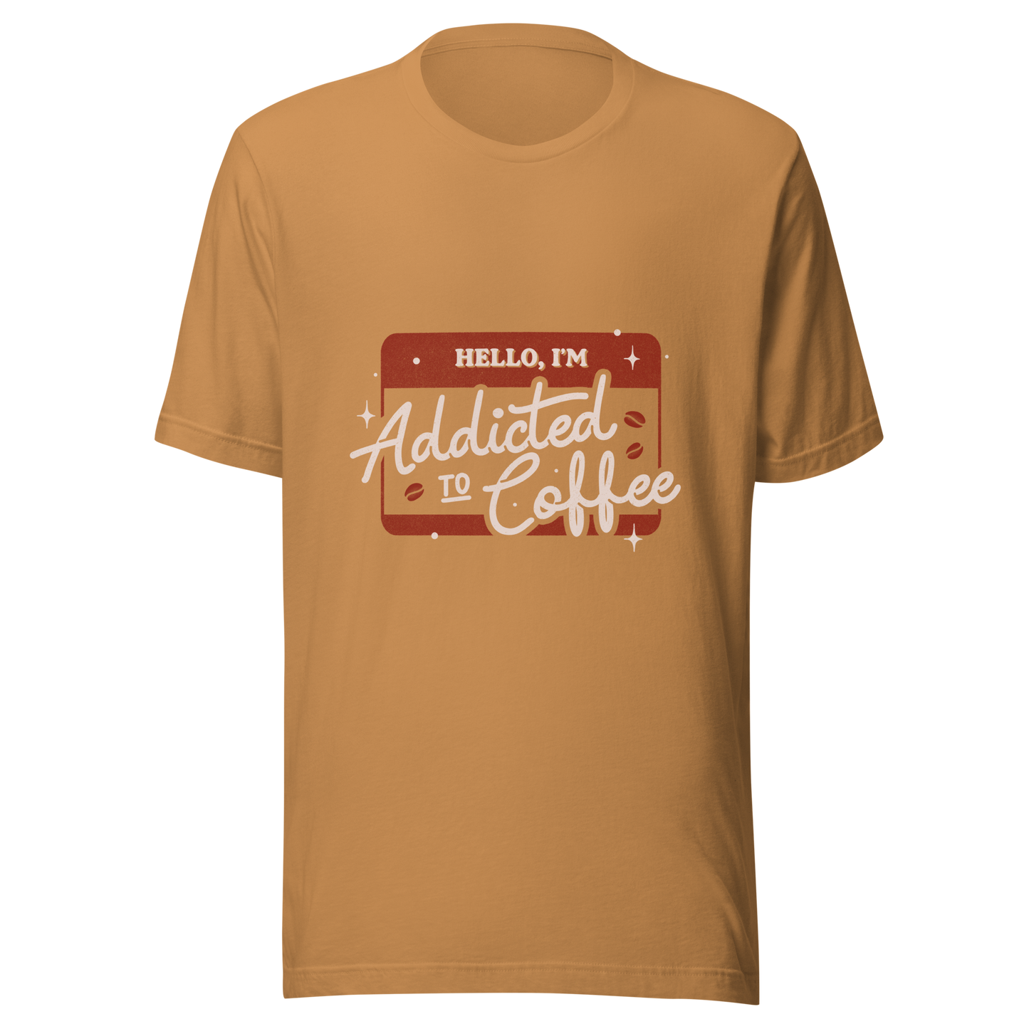 A vintage badge in shades of red with the phrase "Hello, I'm Addicted to 
Coffee" in stylized typography. This design celebrates the passion for coffee 
with a touch of humor. Perfect for coffee lovers, baristas, and everyone who only functions after the first cup.