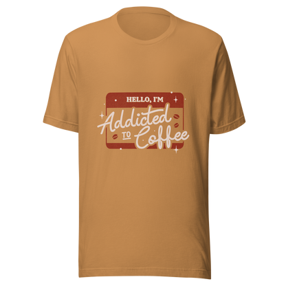 A vintage badge in shades of red with the phrase "Hello, I'm Addicted to 
Coffee" in stylized typography. This design celebrates the passion for coffee 
with a touch of humor. Perfect for coffee lovers, baristas, and everyone who only functions after the first cup.