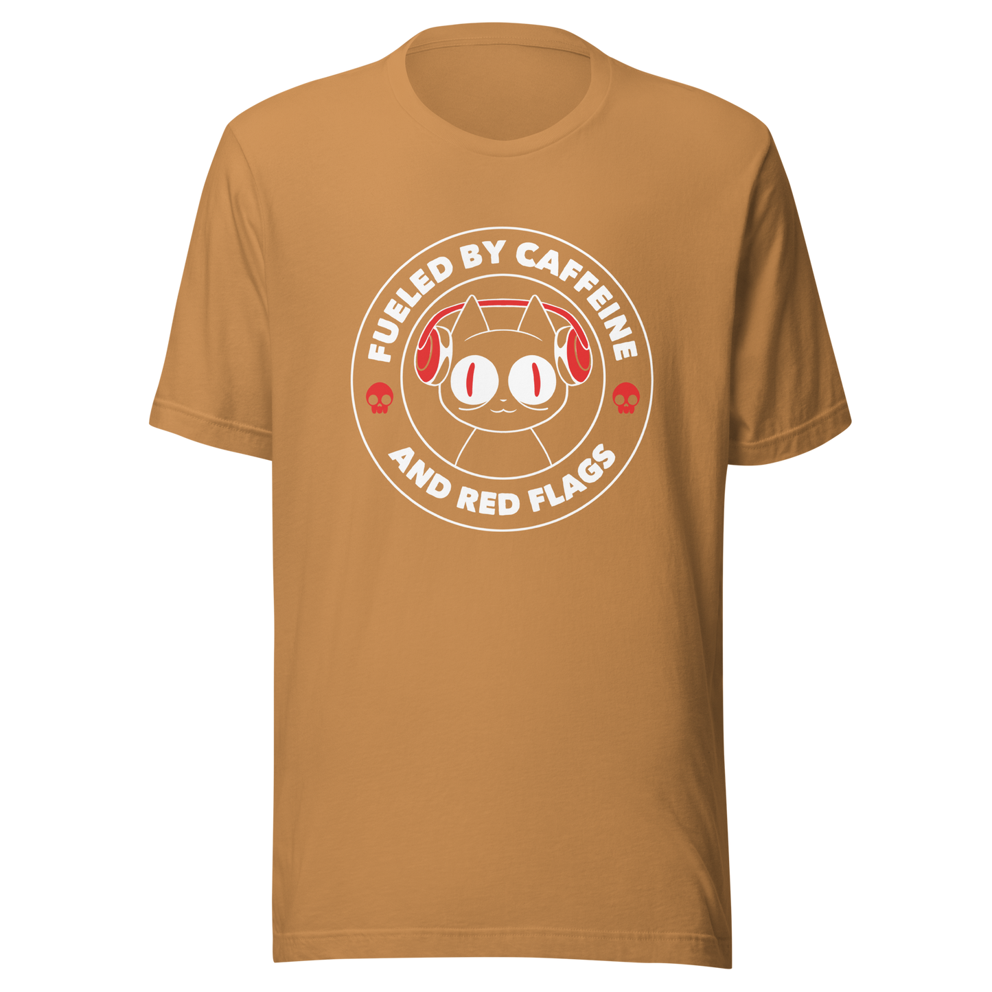 A stamp-style illustration of a black cat wearing headphones, featuring the phrase “Fueled by Caffeine and Red Flags”. A humorous and ironic design perfect for coffee lovers, chaotic souls, and anyone who embraces their red flags with style.