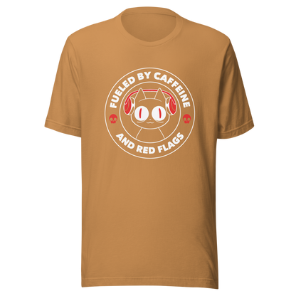 A stamp-style illustration of a black cat wearing headphones, featuring the phrase “Fueled by Caffeine and Red Flags”. A humorous and ironic design perfect for coffee lovers, chaotic souls, and anyone who embraces their red flags with style.