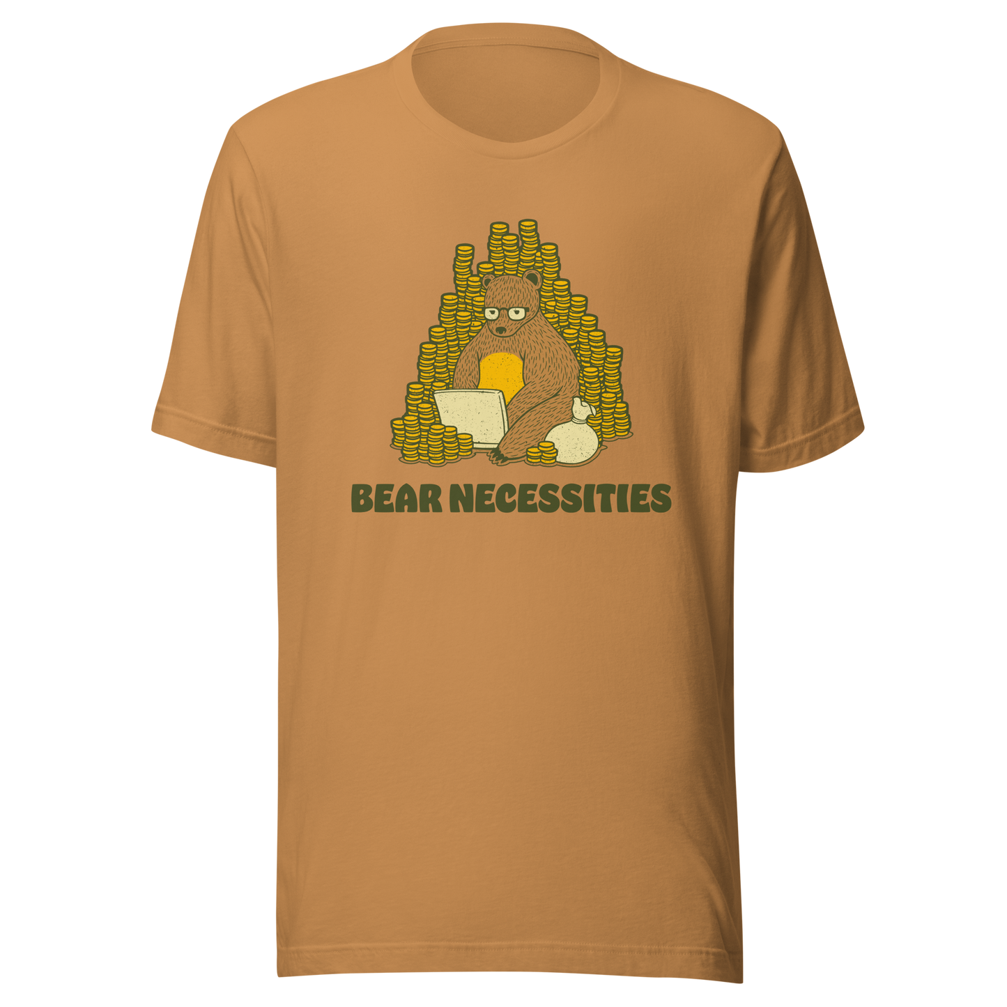 A brown bear wearing glasses works on his laptop, surrounded by stacks of coins. The phrase ‘Bear Necessities’ adds a clever, humorous twist. A minimalist and playful design, perfect for entrepreneurs, freelancers, office lovers and fans of witty animal art.