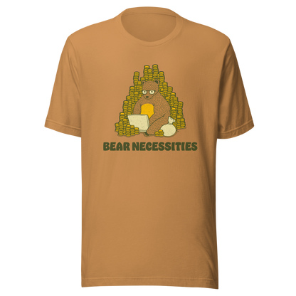 A brown bear wearing glasses works on his laptop, surrounded by stacks of coins. The phrase ‘Bear Necessities’ adds a clever, humorous twist. A minimalist and playful design, perfect for entrepreneurs, freelancers, office lovers and fans of witty animal art.