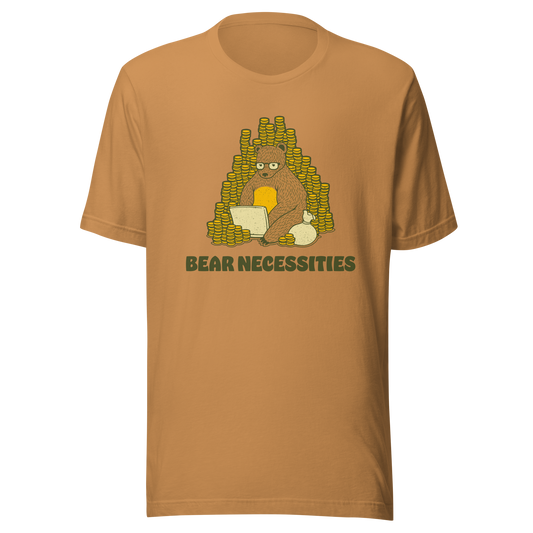 A brown bear wearing glasses works on his laptop, surrounded by stacks of coins. The phrase ‘Bear Necessities’ adds a clever, humorous twist. A minimalist and playful design, perfect for entrepreneurs, freelancers, office lovers and fans of witty animal art.