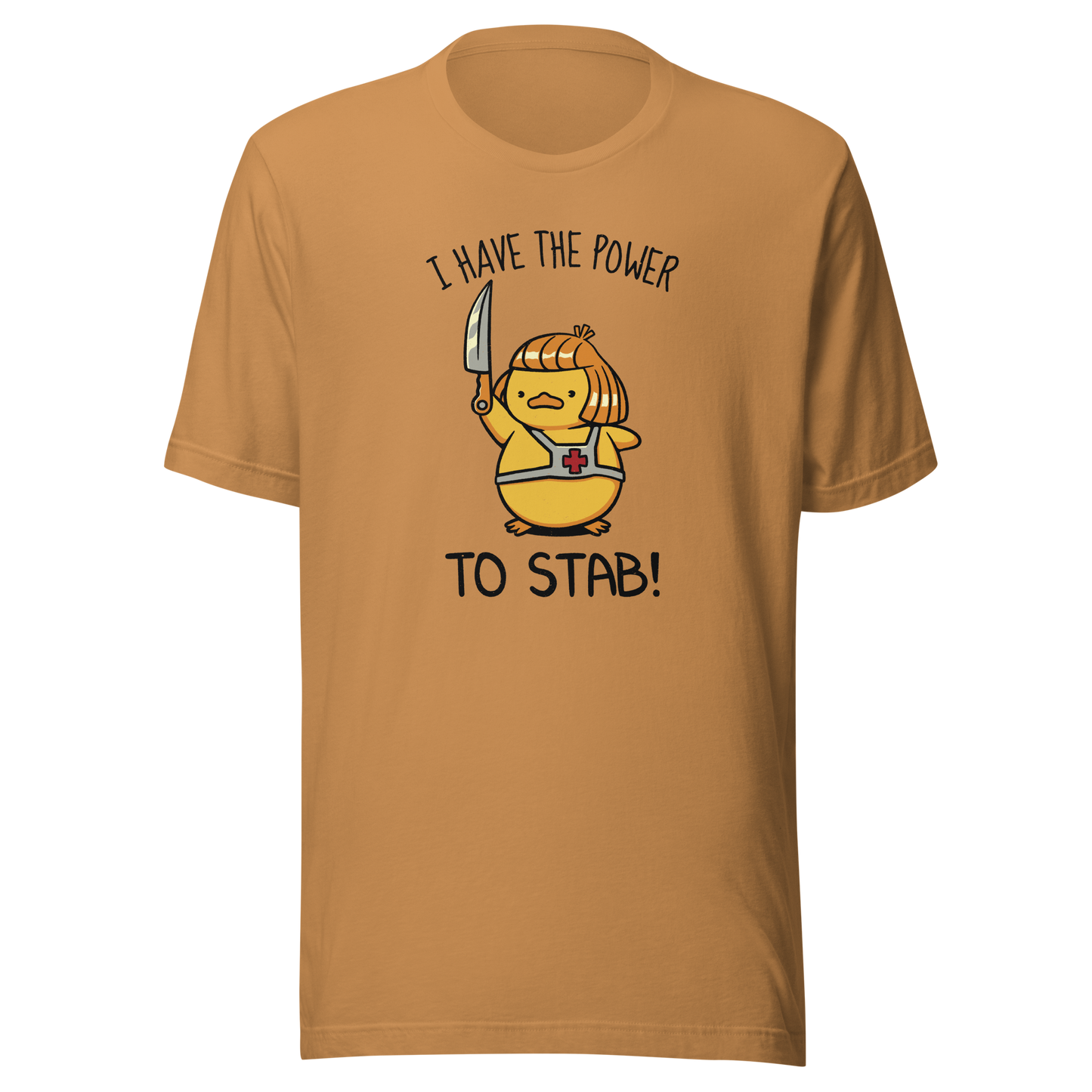 An illustration of a duck inspired by a classic '80s fantasy cartoon hero, dramatically holding a knife like a legendary sword beneath the phrase "I Have The Power To Stab." A fun parody design for fans of retro cartoons, nostalgic pop culture, fantasy adventures, and absurd animal humour.