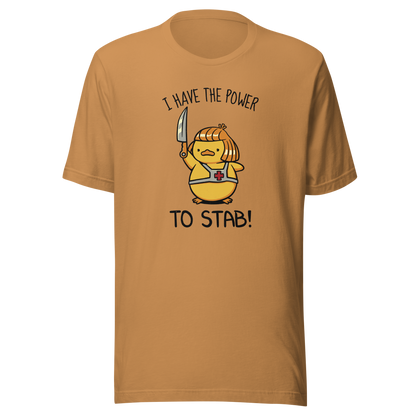 An illustration of a duck inspired by a classic '80s fantasy cartoon hero, dramatically holding a knife like a legendary sword beneath the phrase "I Have The Power To Stab." A fun parody design for fans of retro cartoons, nostalgic pop culture, fantasy adventures, and absurd animal humour.