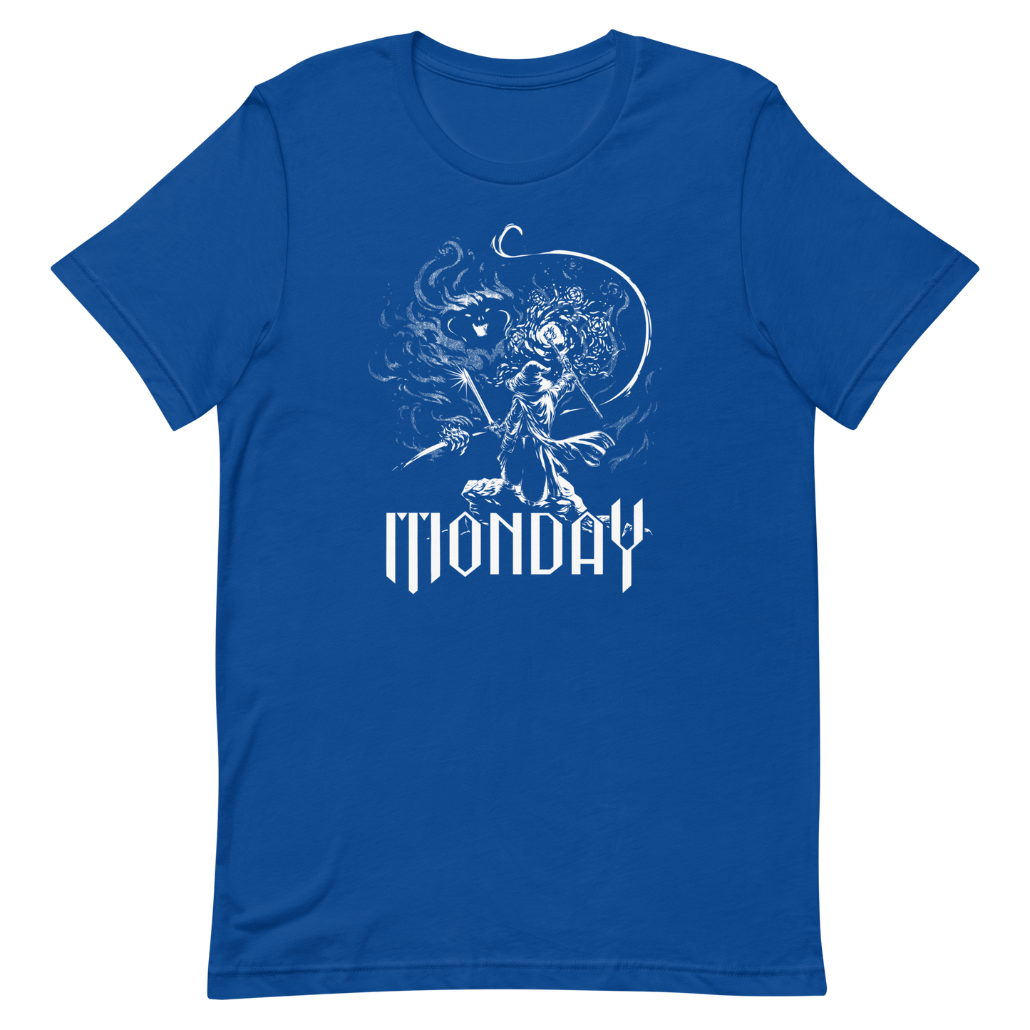 A white fantasy-style illustration showing a wizard standing on a rock, wielding a staff and sword, casting a spell toward a swirling dark, smoky monster with glowing eyes and mouth. The word “MONDAY” appears in large, bold, gothic letters at the bottom, symbolizing the wizard battling the chaos of Monday.