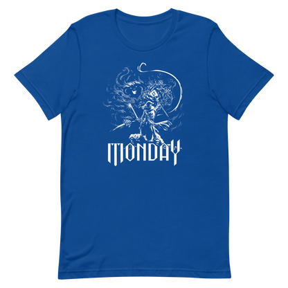 A white fantasy-style illustration showing a wizard standing on a rock, wielding a staff and sword, casting a spell toward a swirling dark, smoky monster with glowing eyes and mouth. The word “MONDAY” appears in large, bold, gothic letters at the bottom, symbolizing the wizard battling the chaos of Monday.