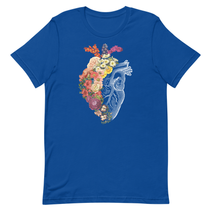 The design is an intricate and anatomical drawing of a human heart on a black background. The left side of the heart morphs into a vibrant assortment of colorful flowers, including roses, daisies, and other blooming blossoms, creating a striking contrast between the realistic and the surreal, symbolizing the harmony between nature and humanity.