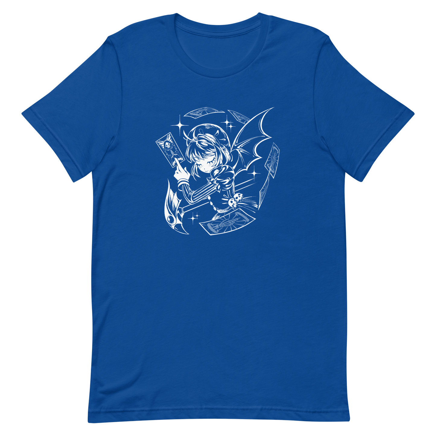 Black-and-white illustration of a gothic anime-style girl with bat wings, holding a magical card while floating cards swirl around her, along with sparkles and a stylized scepter.