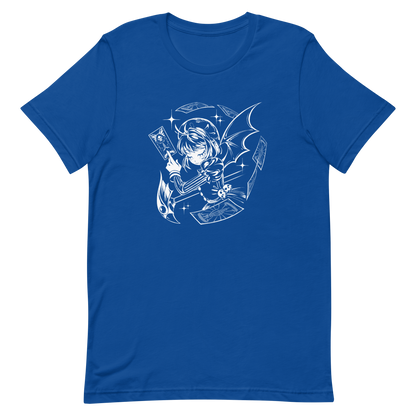 Black-and-white illustration of a gothic anime-style girl with bat wings, holding a magical card while floating cards swirl around her, along with sparkles and a stylized scepter.