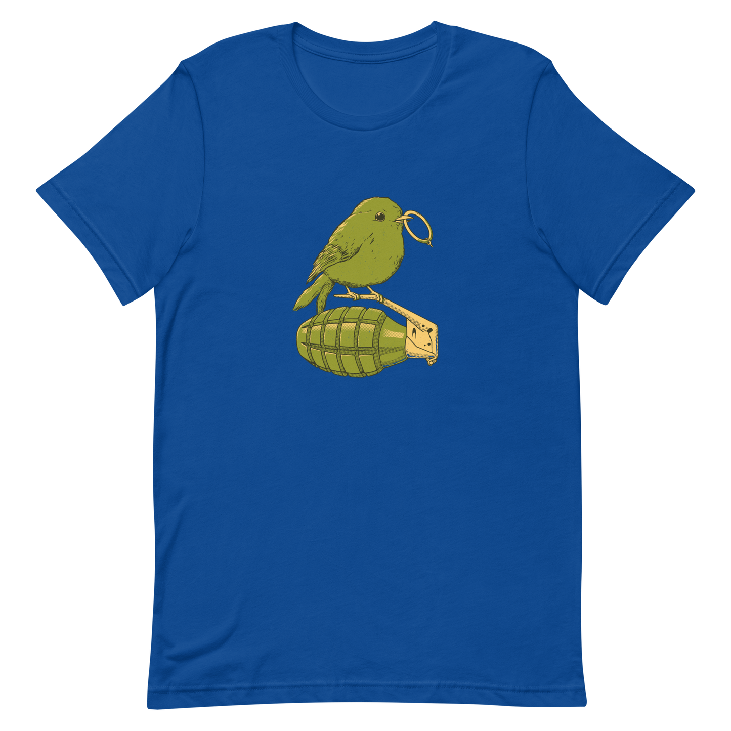 A small, detailed bird with a realistic style perches on top of a hand grenade. The bird holds the pin of the grenade in its beak, giving the image a whimsical yet ironic feel. The color palette consists of shades of green and tan, with a playful blend of nature and military elements. The overall vibe is quirky and thought-provoking, blending humor with a hint of danger.