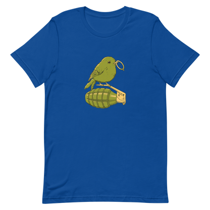 A small, detailed bird with a realistic style perches on top of a hand grenade. The bird holds the pin of the grenade in its beak, giving the image a whimsical yet ironic feel. The color palette consists of shades of green and tan, with a playful blend of nature and military elements. The overall vibe is quirky and thought-provoking, blending humor with a hint of danger.