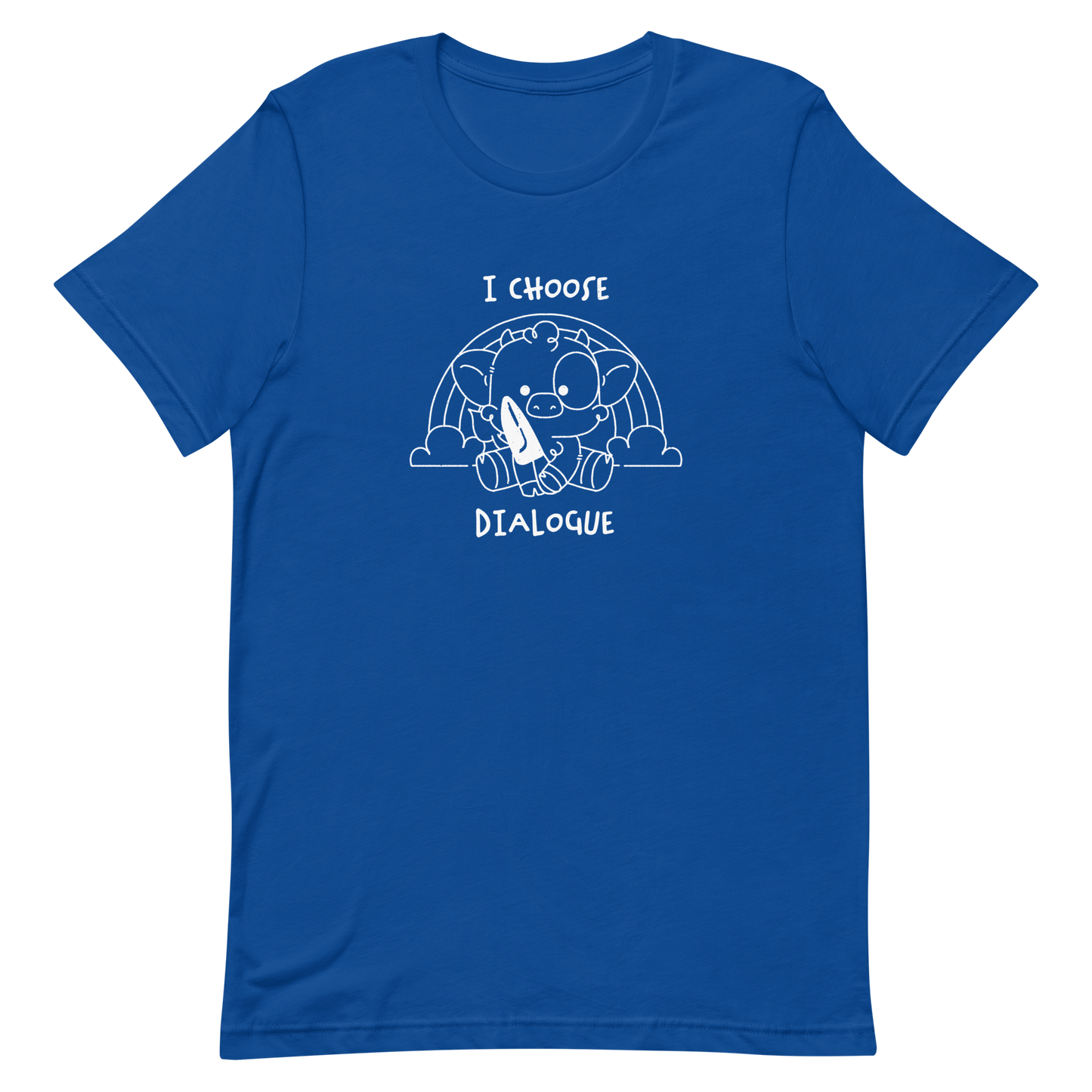 An adorable cow holds a knife while sitting in front of a rainbow, accompanied by the phrase “I Choose Dialogue.” This design combines sweetness and irony to create a fun and unexpected contrast. It’s a great gift for those who enjoy subtle humor and designs that combine cuteness with a touch of irreverence.