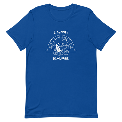 An adorable cow holds a knife while sitting in front of a rainbow, accompanied by the phrase “I Choose Dialogue.” This design combines sweetness and irony to create a fun and unexpected contrast. It’s a great gift for those who enjoy subtle humor and designs that combine cuteness with a touch of irreverence.