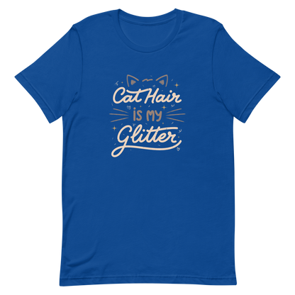 This artwork features fun lettering with the phrase "Cat Hair is My Glitter," accompanied by cat ears, hearts, and gold glitter. It humorously celebrates the lives of those who live with cats and have grown accustomed to having fur everywhere. Ideal for feline lovers who wear their furry coats as if they were real glitter.