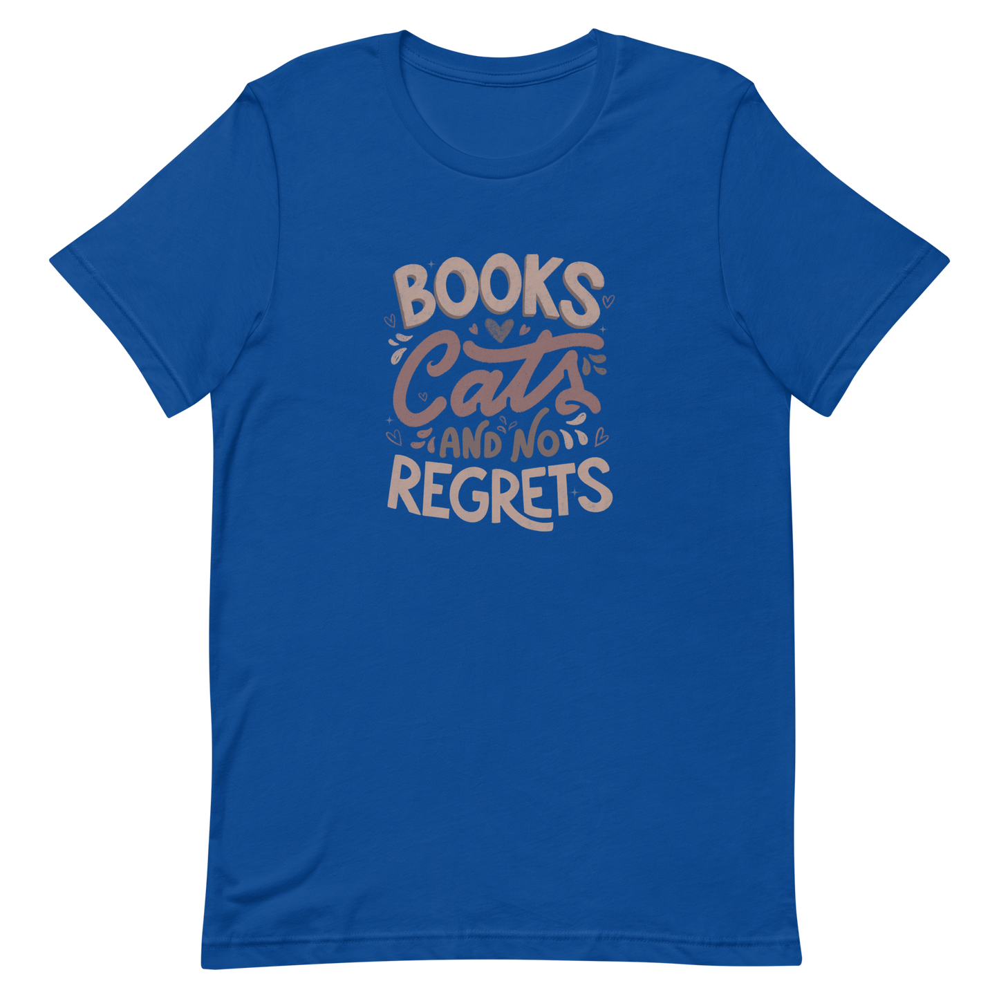A stylish lettering with the phrase "Books, Cats, and No Regrets," decorated with hearts and cute details, conveys the idea that books and cats are all we need for a happy, regret-free life. Perfect for book lovers and cat lovers who enjoy prints full of personality.