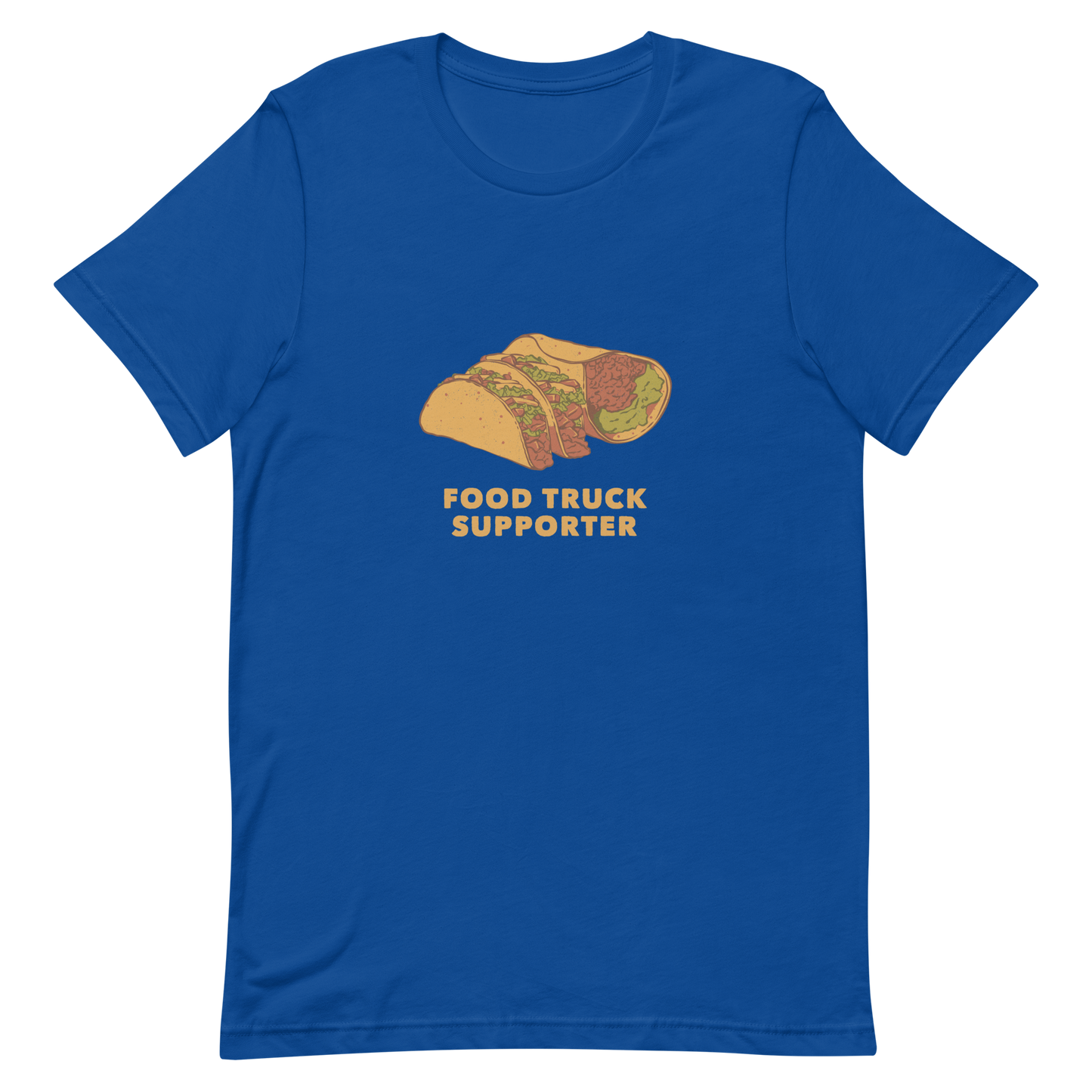 Two delicious tacos and a burrito with the phrase below "Food Truck Supporter". This design celebrates the love of street food and the joy of discovering amazing flavors on wheels. Perfect for Mexican food lovers, taco fans, and anyone who proudly supports local food trucks.