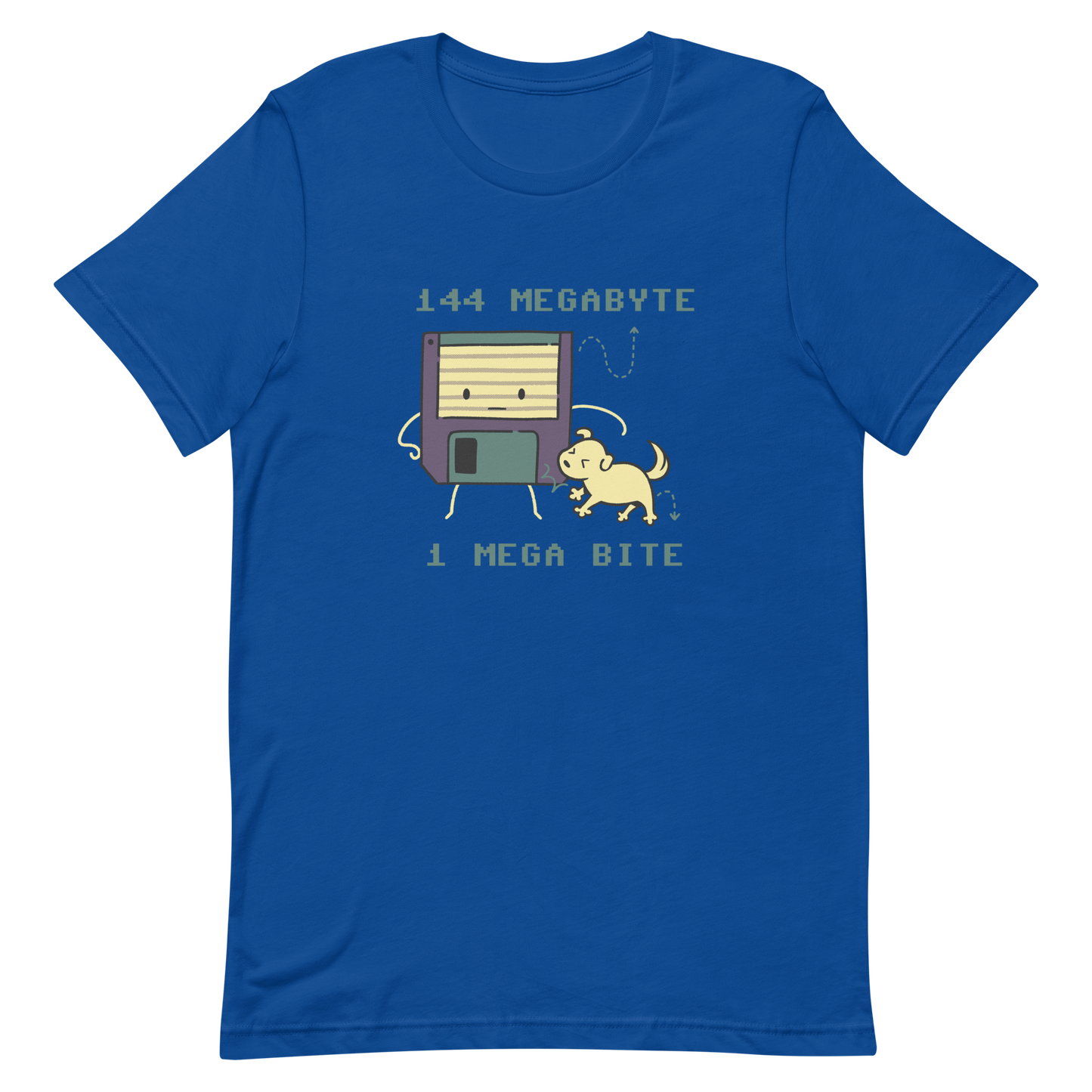 A cute floppy disk stands nervously while a little dog playfully bites its corner, with the text “144 Megabyte / 1 Mega Bite”. This clever pun mixes retro tech nostalgia with a dose of adorable chaos. Perfect for geeks, gamers and anyone who loves a good tech joke.