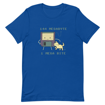 A cute floppy disk stands nervously while a little dog playfully bites its corner, with the text “144 Megabyte / 1 Mega Bite”. This clever pun mixes retro tech nostalgia with a dose of adorable chaos. Perfect for geeks, gamers and anyone who loves a good tech joke.