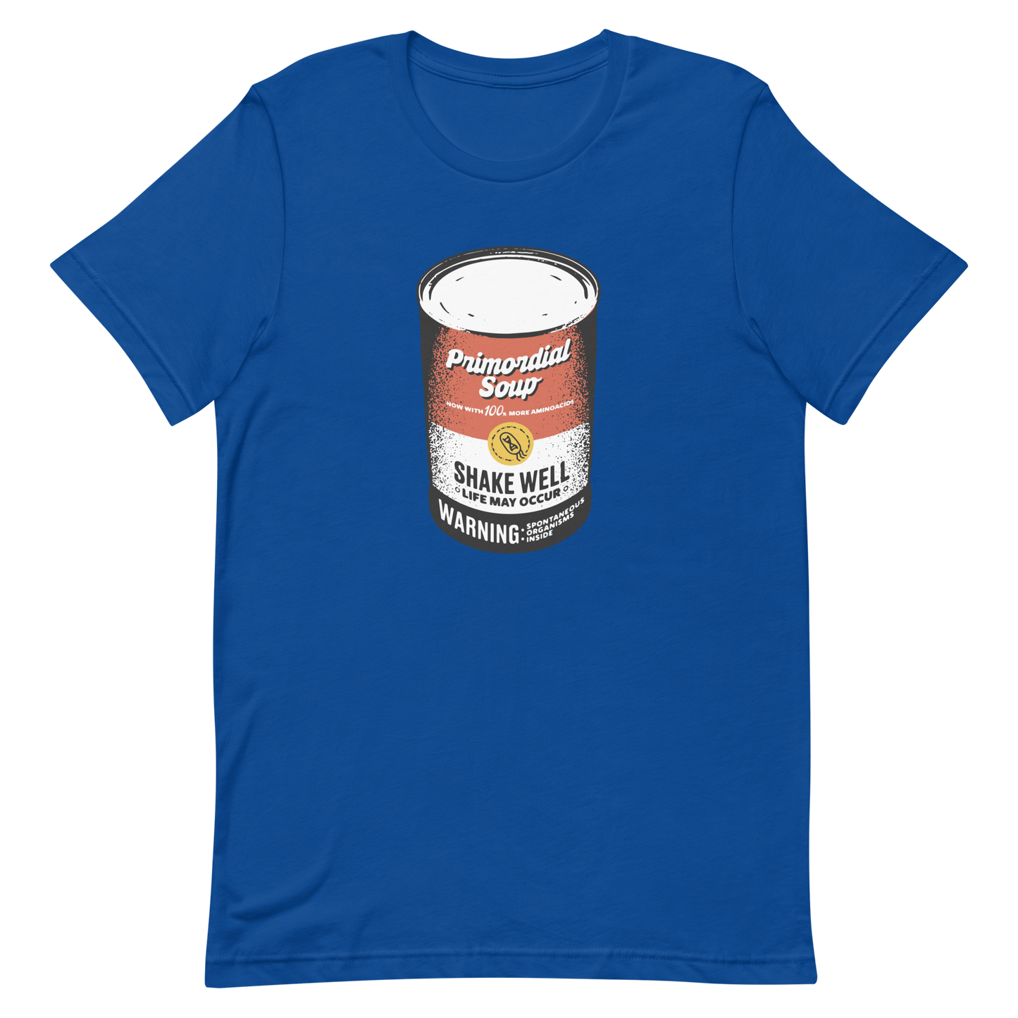 A vintage-style soup can featuring the phrase ‘Primordial Soup – Shake Well, Life May Occur’. A playful and clever design that humorously references the idea of soup as the recipe that sparked the origin of life, blending science, irony, and retro-inspired aesthetics.