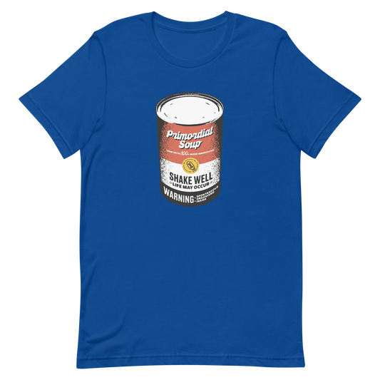 A vintage-style soup can featuring the phrase ‘Primordial Soup – Shake Well, Life May Occur’. A playful and clever design that humorously references the idea of soup as the recipe that sparked the origin of life, blending science, irony, and retro-inspired aesthetics.