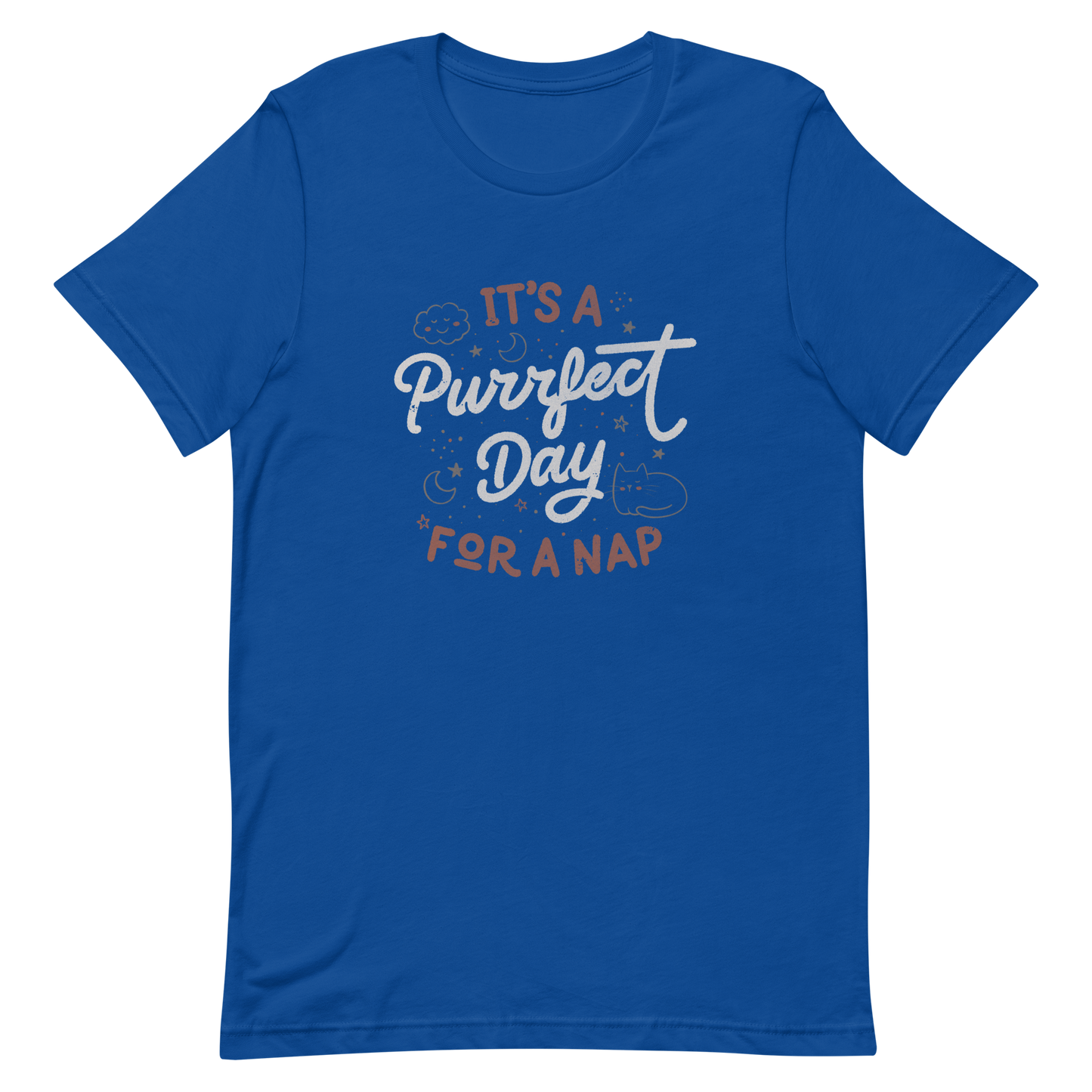 The artwork features the lettering "It's a Purrfect Day for a Nap" in a cute retro style, with a smiling cloud, stars, moons, and a relaxing kitten. This composition plays on the pun of "purrfect" and conveys all the charm of felines in their favorite moment: napping. Ideal for cat lovers, fans of funny phrases, and those who love to transform laziness into a lifestyle.