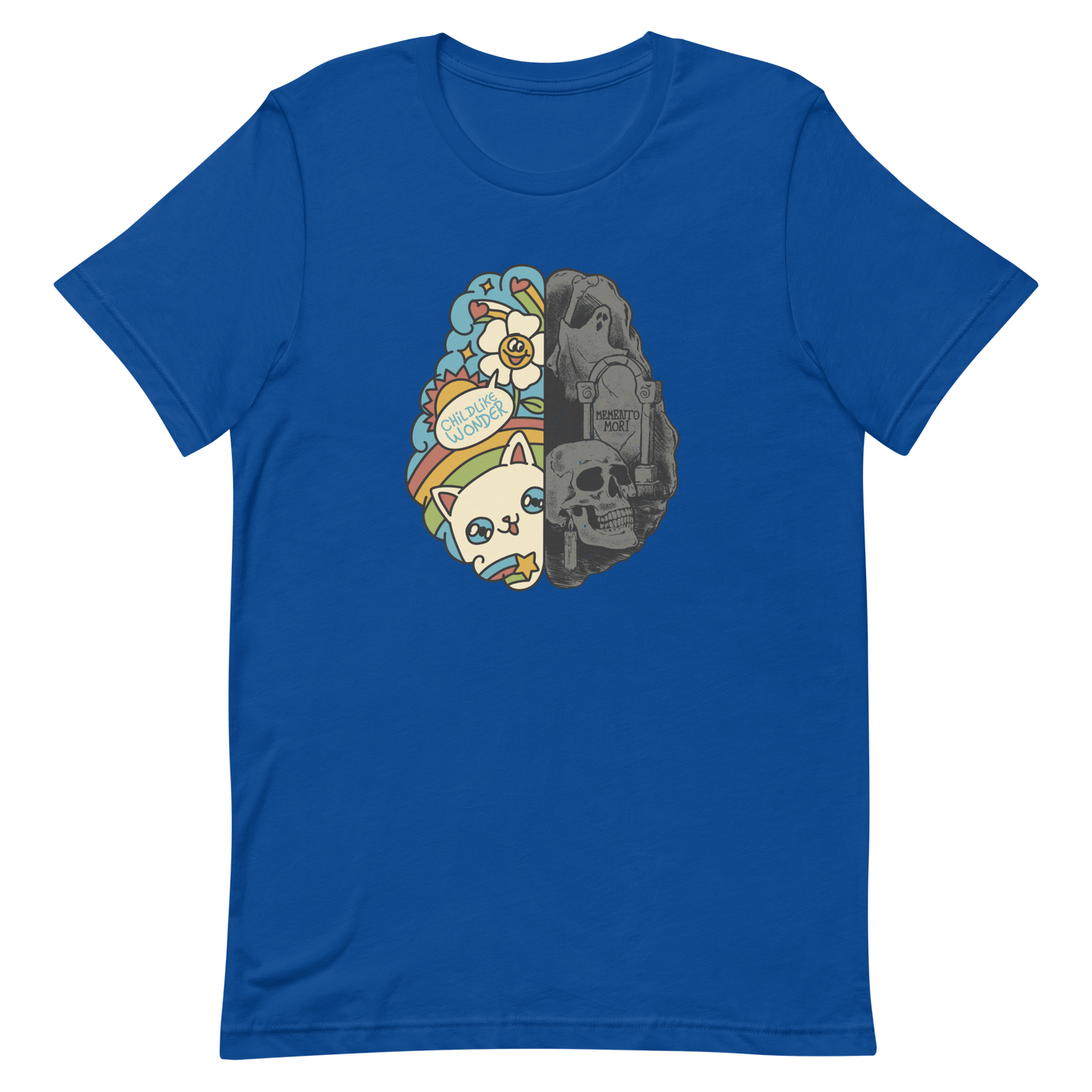 This artwork depicts a split brain, one side cheerful and vibrant with a cute cat, rainbows, and the phrase "Childlike Wonder," the other dark and gothic with skulls and the inscription "Memento Mor". It represents the duality between life and mortality, joy and decay. A perfect choice for fans of art with a macabre yet cute touch, psychological themes, and people who have an inner duality.