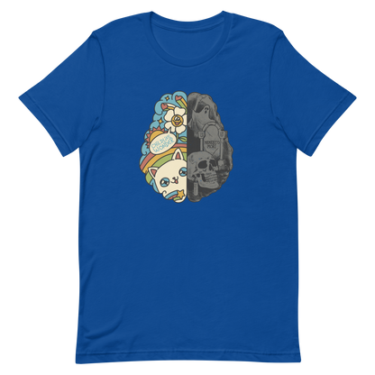 This artwork depicts a split brain, one side cheerful and vibrant with a cute cat, rainbows, and the phrase "Childlike Wonder," the other dark and gothic with skulls and the inscription "Memento Mor". It represents the duality between life and mortality, joy and decay. A perfect choice for fans of art with a macabre yet cute touch, psychological themes, and people who have an inner duality.