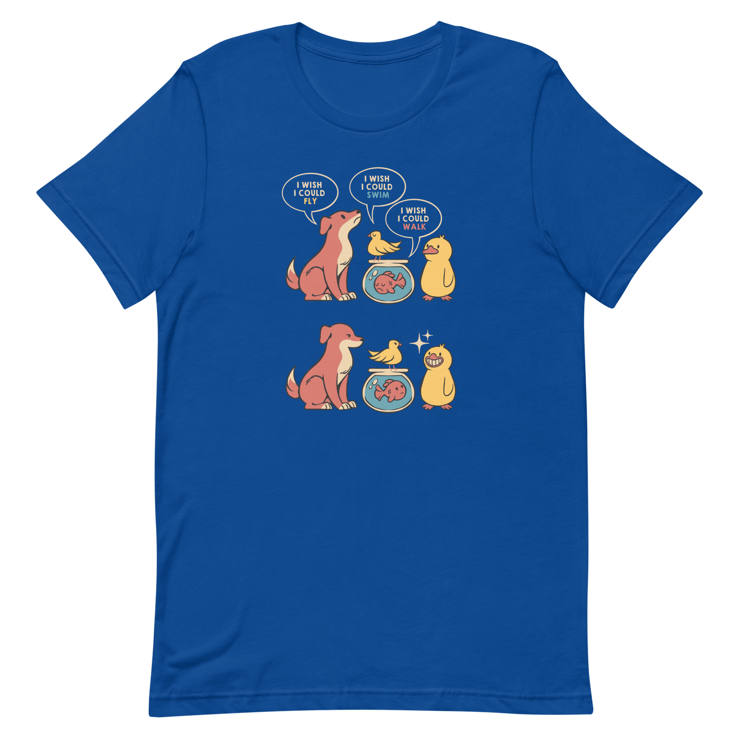 This funny and heartwarming illustration shows a dog, a bird, a fish and a duck each wishing they could do what the others can — fly, swim or walk. In the end, the duck proudly realizes it can do all three, delivering a cute reminder to appreciate your own abilities. A perfect illustration for animal lovers and fans of positive, humorous art.